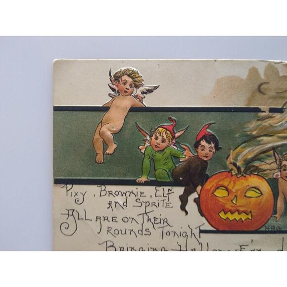 Halloween Postcard HBG HB Griggs Pixies Elves Brownies Fantasy Ann Arbor Germany - Picture 6 of 6